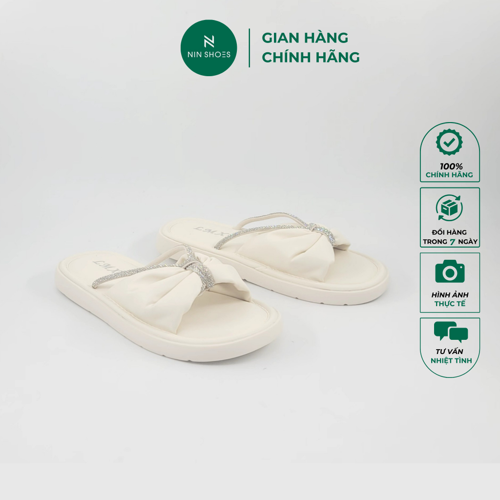 Dép Nữ Quai Nơ Có Dây Đá Kim Tuyến Thời Trang Ninshoes Đế Bằng Cao 1 Phân Đế Bằng Mũi Tròn