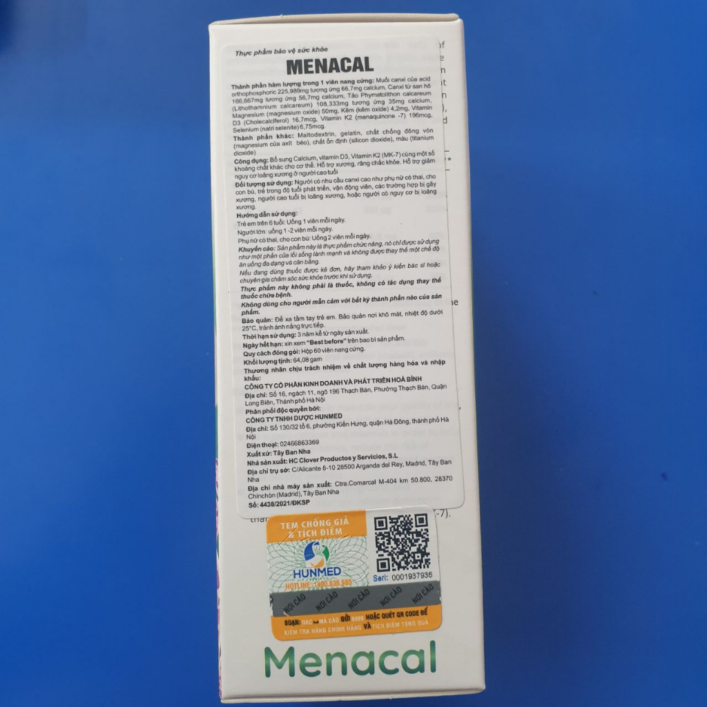 Menacal Canxi tự nhiên và D3K2 không nóng không táo cho cả nhà hộp 60 viên
