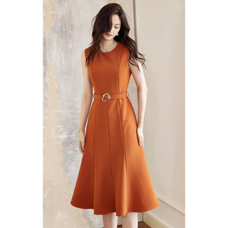 Đầm công sở cổ tròn sát nách màu cam trơn