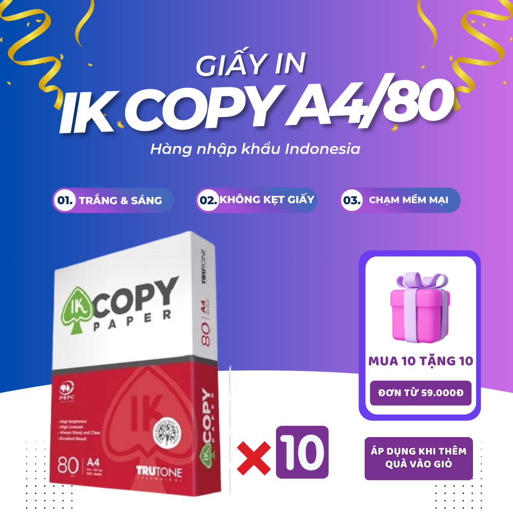 [MUA 10 TẶNG 10] Combo 10 Ream giấy A4 80 gsm IK Copy (500 tờ) - Hàng nhập khẩu Indonesia