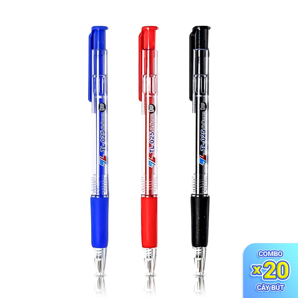 Hộp 20 bút bi Thiên Long TL-025 ngòi 0.8mm mực xanh/đỏ/đen có tấm đệm mềm giúp cầm êm tay và giảm trơn khi viết