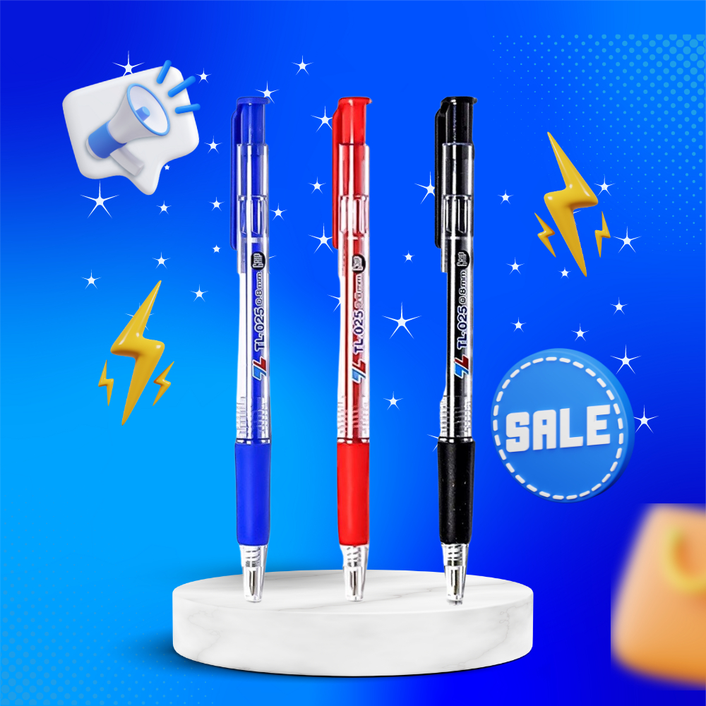 Hộp 20 bút bi Thiên Long TL-025 ngòi 0.8mm mực xanh/đỏ/đen có tấm đệm mềm giúp cầm êm tay và giảm trơn khi viết