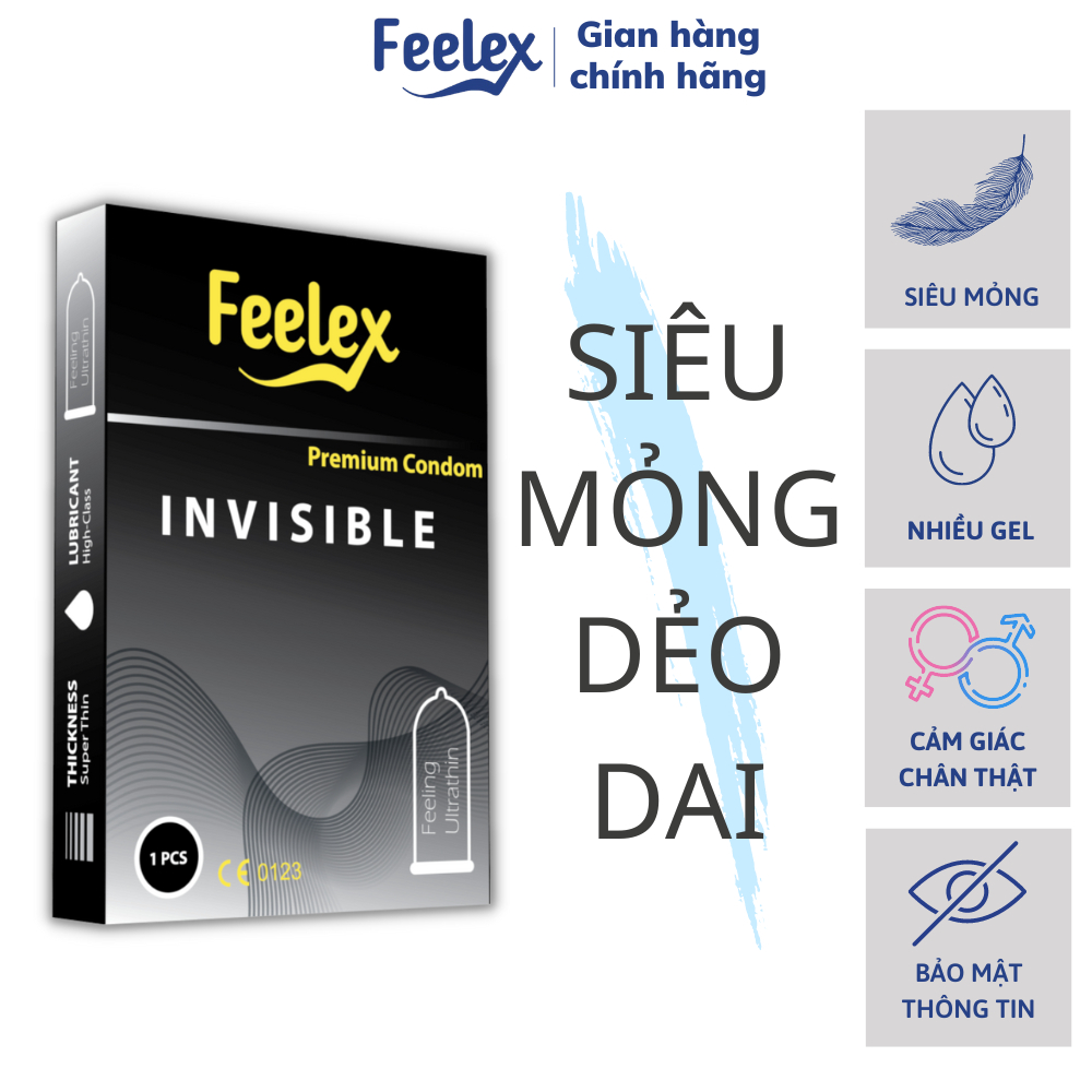 Bao cao su Feelex Invisible siêu mỏng, nhiều gel bôi trơn - Hộp 01 bcs