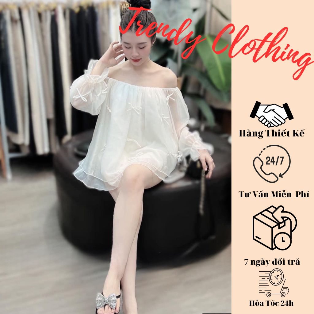Áo kiểu, Áo trễ vai xòe tà đính nơ bánh bèo phối tay bồng cực riệu Trendy Clothing