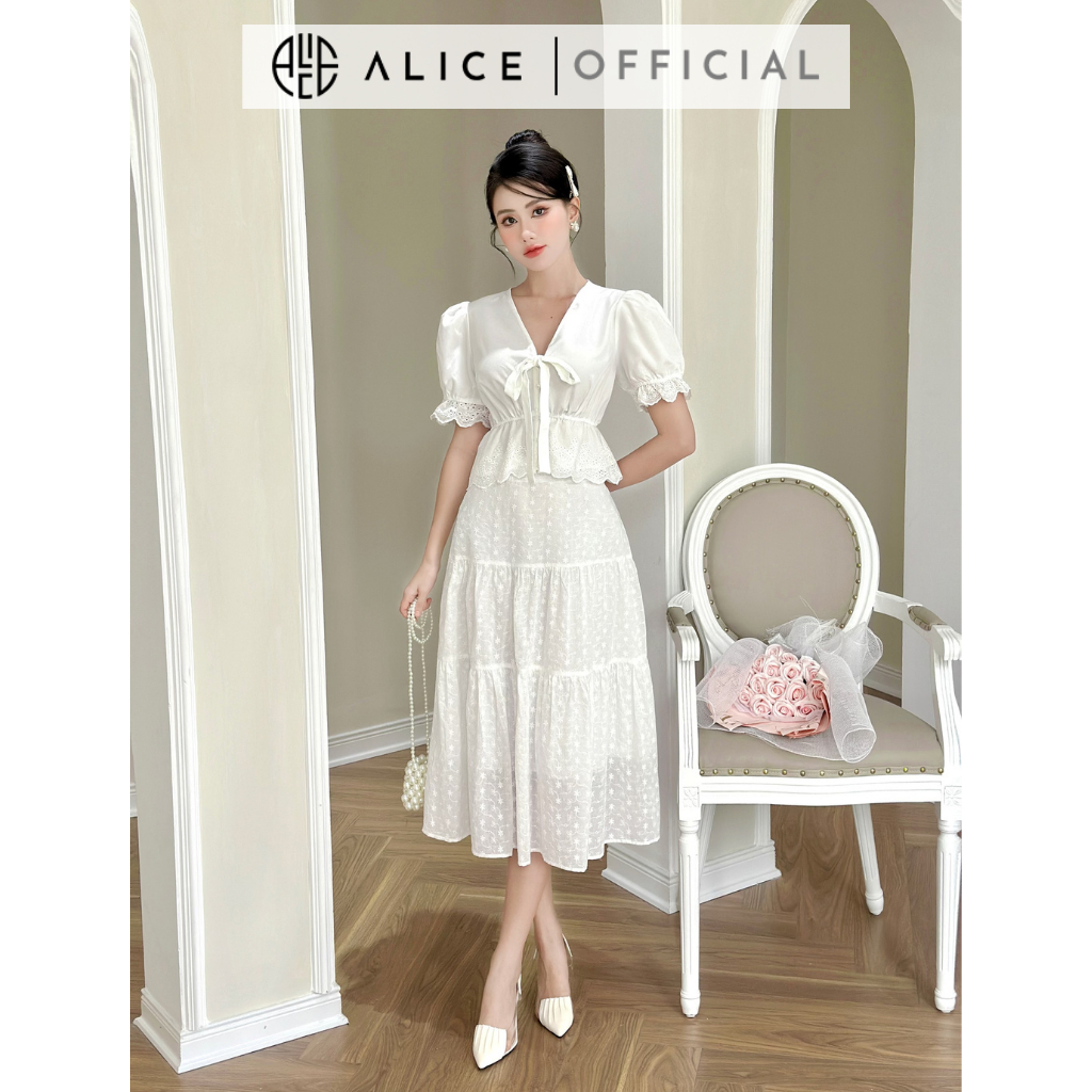 Set Váy Tiểu Thư Dáng Suông ALICE Áo Chun Eo Thắt Nơ Kèm Chân Váy Thô, Tay Bồng Nhẹ Nhàng, Xinh Xắn, Điệu Đà S331
