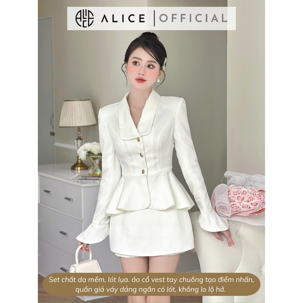 Set Đồ Nữ Công Sở Tay Chuông Cổ Vest Kèm Quần Giá Váy Dáng Ngắn ALICE Chất Liệu Dạ Mềm Cao Cấp, Sang Trọng Cho Nàng S367