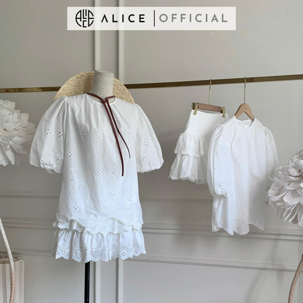 Set Đồ Nữ Áo Thêu Hoa Nổi Kèm Chân Váy Xòe 2 Tầng ALICE Áo Nữ Thiết Kế Cổ Tròn Thêu Hoa Nhẹ Nhàng, Nữ Tính S365