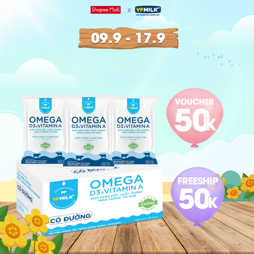 Sữa dinh dưỡng tiệt trùng VPMilk Omega bịch 220ml (thùng 48 bịch)
