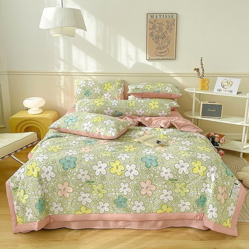 Bộ Chăn Chần Ga Giường Vỏ Gối 5 Món Cotton Đũi VIE HOME - Bedding Cao Cấp Hoa Lá Đủ Size Nệm M6/M8