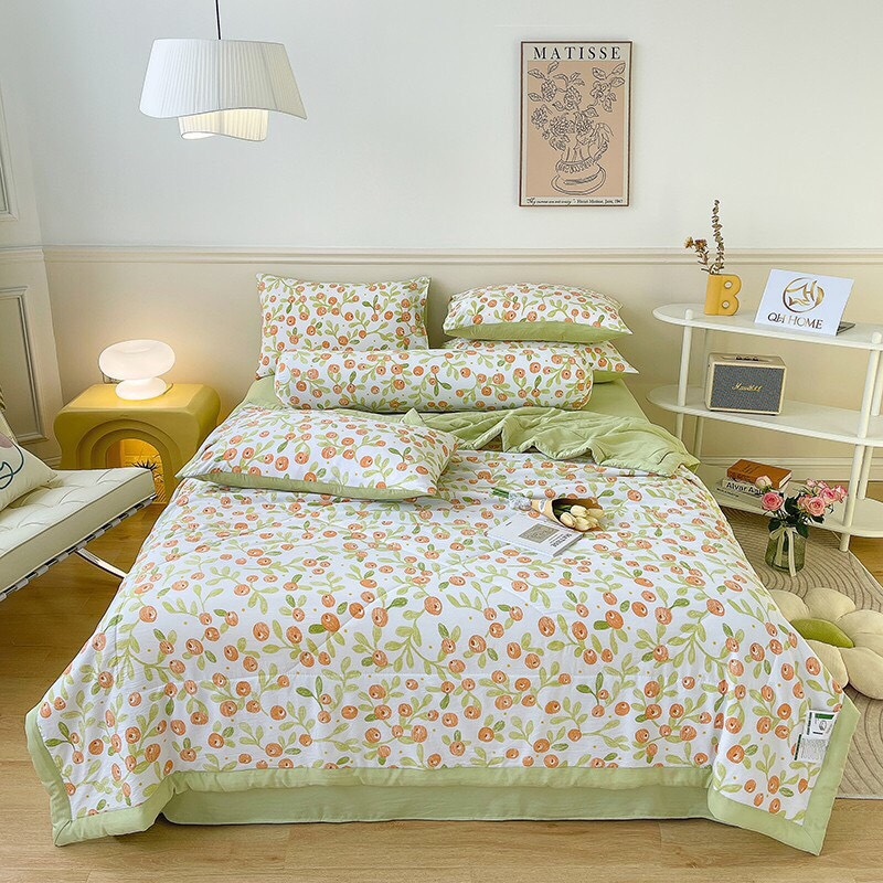 Bộ Chăn Chần Ga Giường Vỏ Gối 5 Món Cotton Đũi VIE HOME - Bedding Cao Cấp Hoa Lá Đủ Size Nệm M6/M8