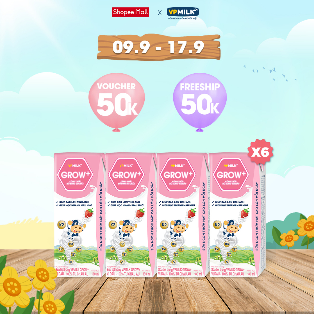 sữa tiệt trùng VPMilk Grow+ vị dâu 180ml (lốc 4 hộp x 6)