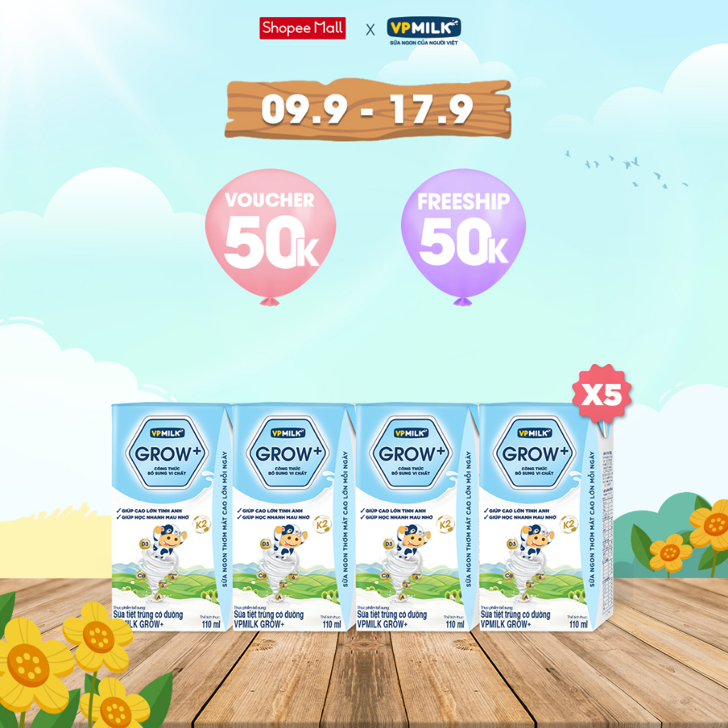 Sữa tiệt trùng VPMilk Grow+ có đường 110ml (lốc 4 hộp x 5)