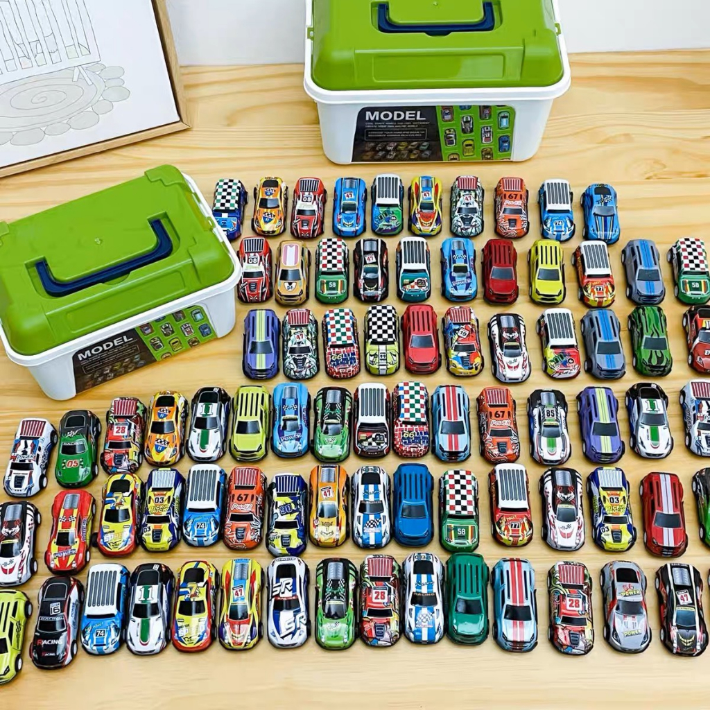 Thùng 30 ô tô đồ chơi hợp kim kèm hộp đựng có quai cho bé, ô tô màu sắc, phát triển khả năng vận động IQ Kao