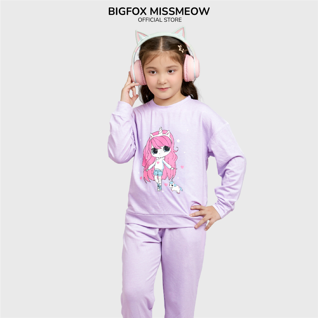 Bộ nỉ dài tay cho bé gái Bigfox Miss Meow chất nỉ da cá mùa thu đông kiểu dáng Hàn Quốc đại trẻ em 3,7,11 tuổi 30kg 1862