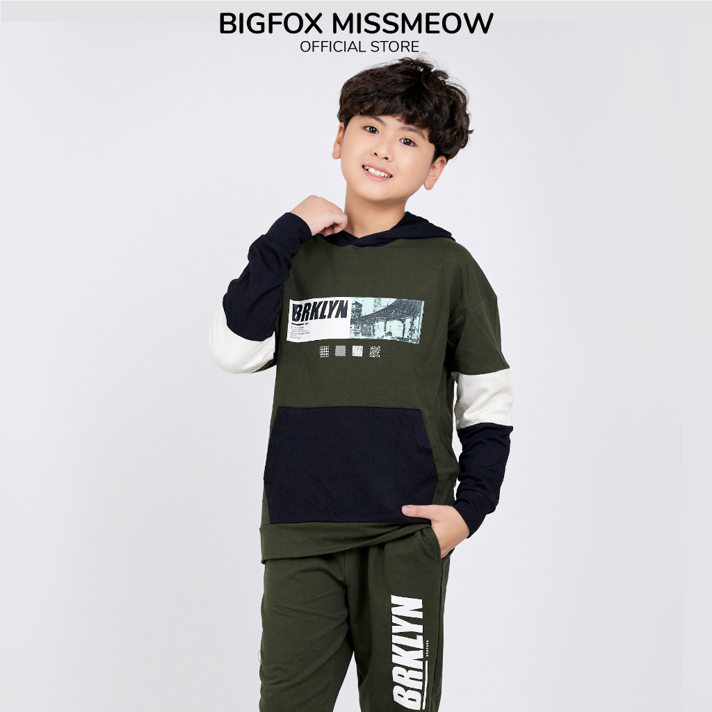 Bộ bé trai thu đông Bigfox Miss Meow chất nỉ dáng thể thao có mũ phom Hàn Quốc size đại trẻ em 7,9,11,15 tuổi 51kg 1883