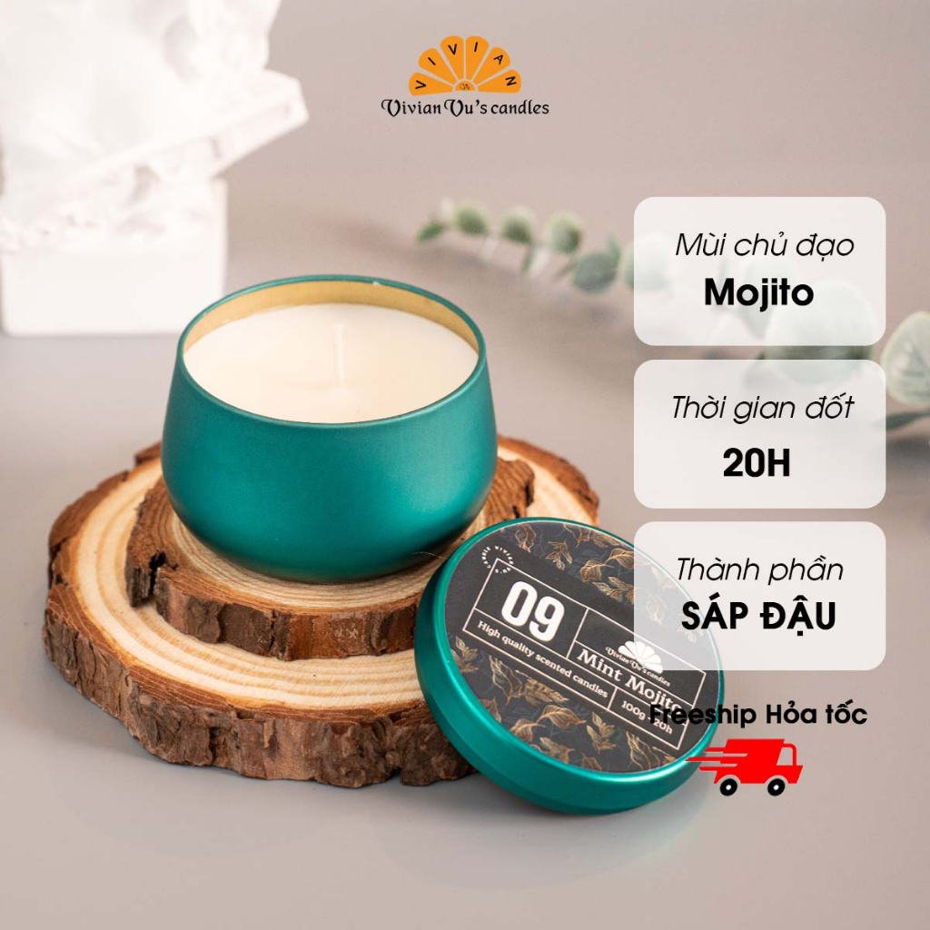 Nến Thơm Cao Cấp 𝐌𝐢𝐧𝐭 𝐌𝐨𝐣𝐢𝐭𝐨 09 Vivian Vu's Candles Hũ Thiếc 100gr - Nến Thơm Sáp Đậu Nành Tự Nhiên