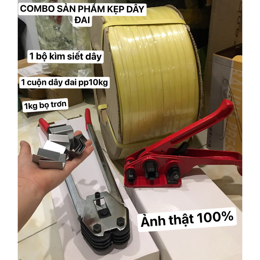 COMBO Kìm Siết Dây Đai Nhựa Kèm Dây và Bọ Sắt Kẹp Đai