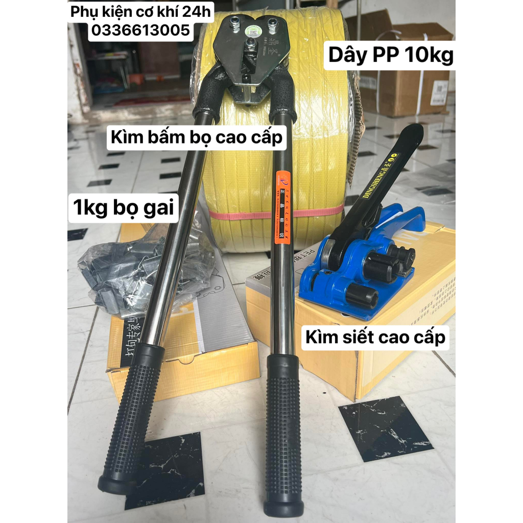 COMBO Kìm Siết Dây Đai Nhựa Kèm Dây và Bọ Sắt Kẹp Đai