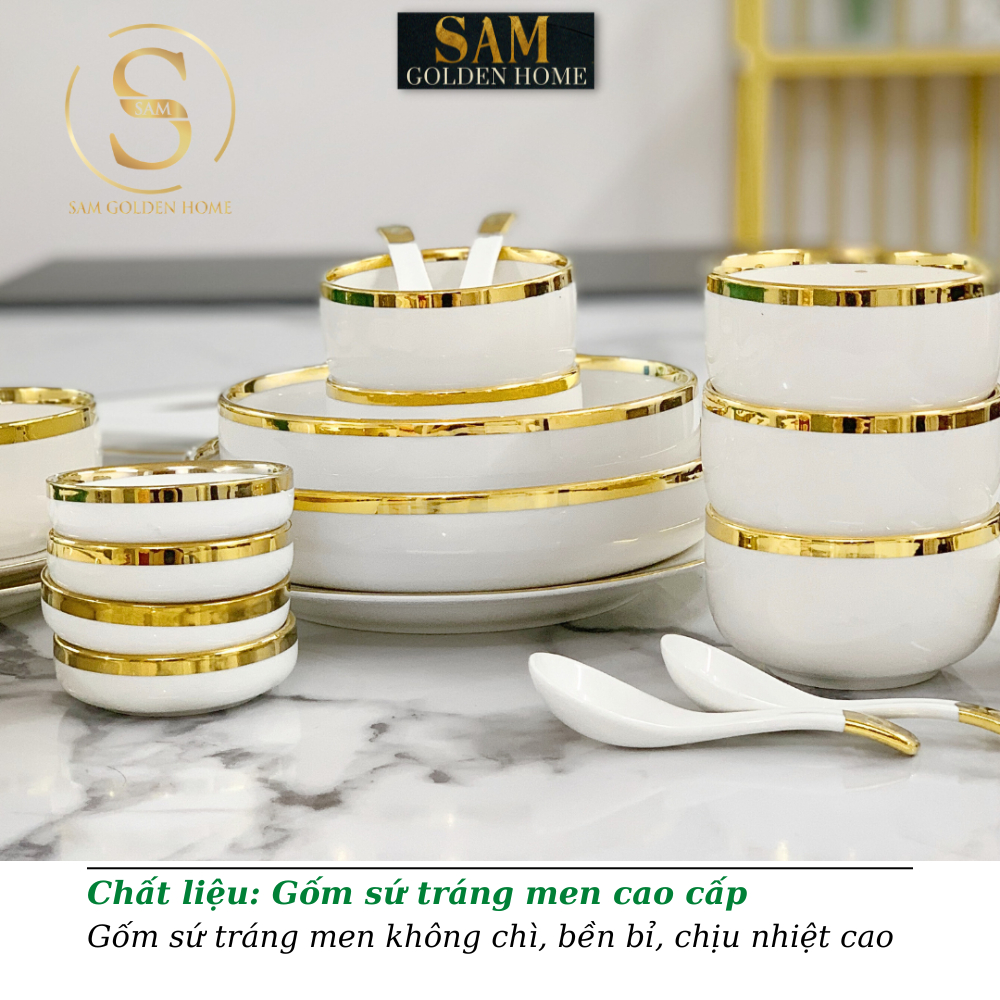 Bộ Tô Chén Đĩa Nortylis Gốm Sứ Tráng Men Cao Cấp Không Chì Màu Trắng Viền Vàng Sang Trọng Phong Cách Châu Âu Hiện Đại