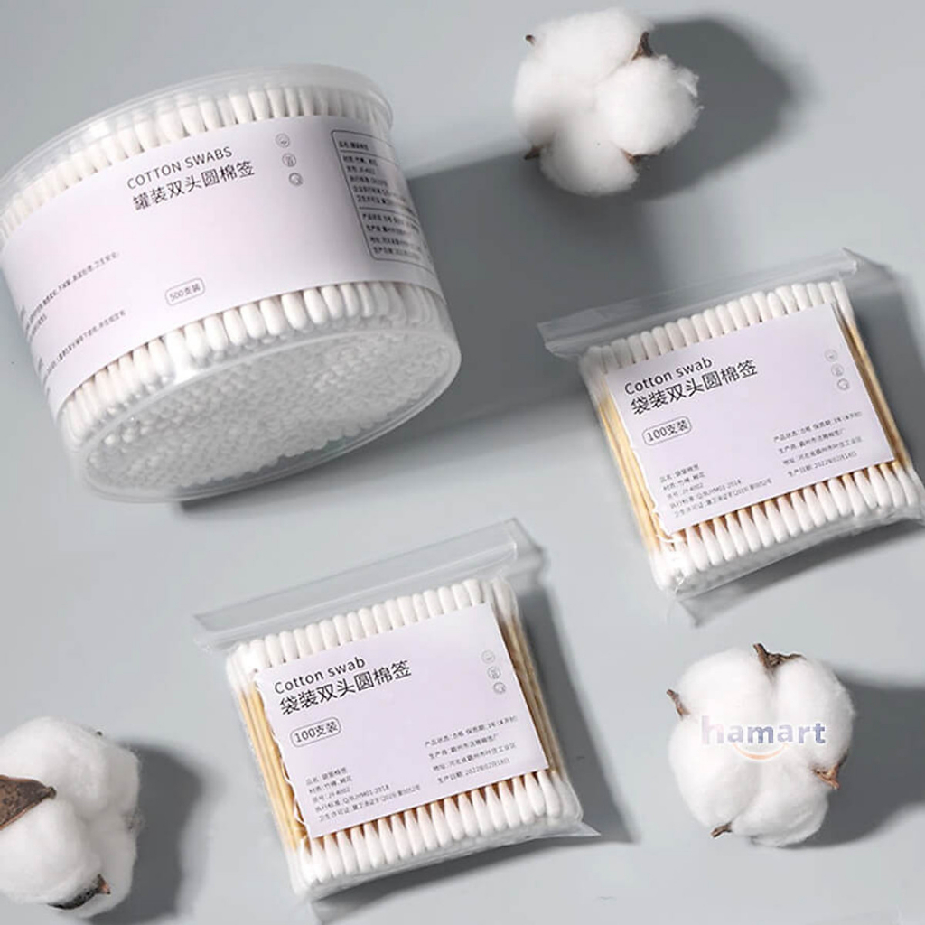 Hộp 500 tăm bông ngoáy tai, tăm bông tiệt trùng thân gỗ thân thiện với môi trường