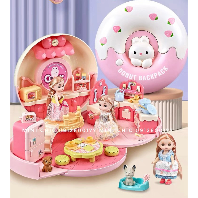 Balo đồ chơi  ngôi nhà thỏ hình bánh donut có dây đeo