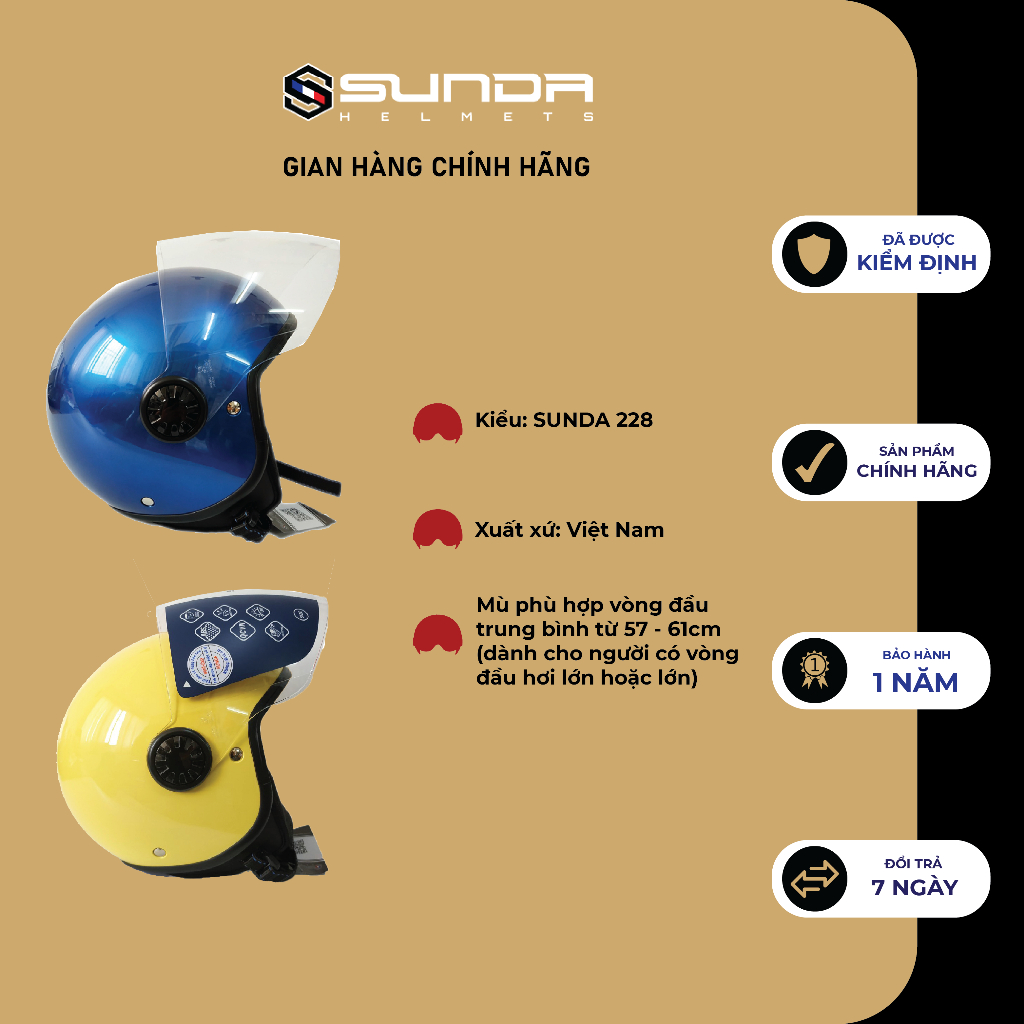 Nón bảo hiểm 3/4 đầu chính hãng SUNDA 228