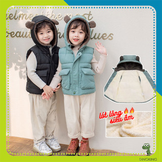 Áo gile cho bé 3 lớp lót lông DINOKING Áo phao gile có mũ bé trai bé gái siêu ấm mềm mịn mùa thu đông trẻ em tuổi AK19