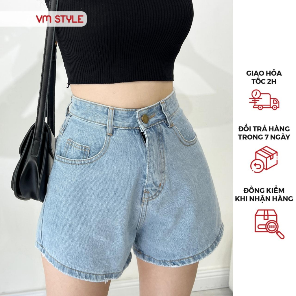 Quần đùi nữ VMSTYLE lưng cao, short jean ngố trơn lai thường - SJU00015