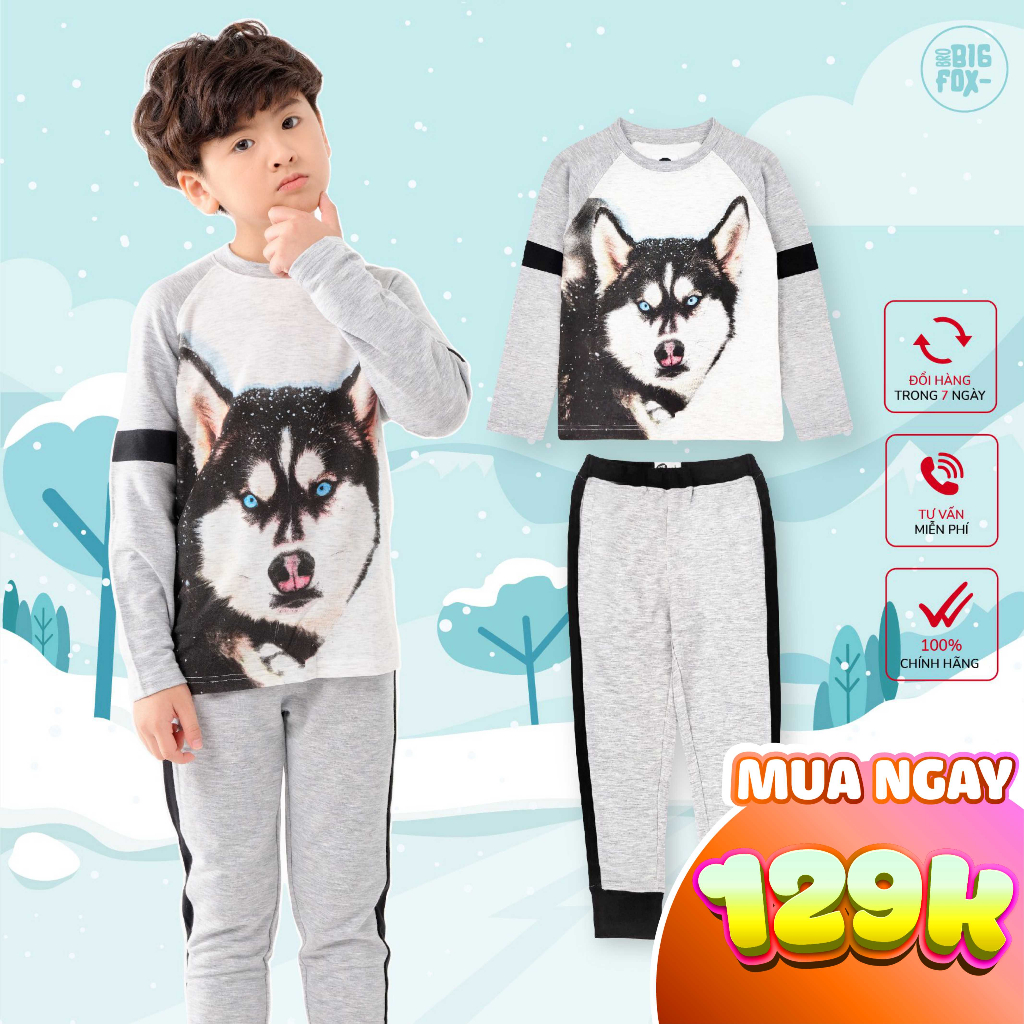 Bộ dài tay bé trai BIGFOX - MISS MEOW size đại, bộ thu đông cho bé phong cách Âu Mỹ hình in Chó Sói 10 - 37kg QATE