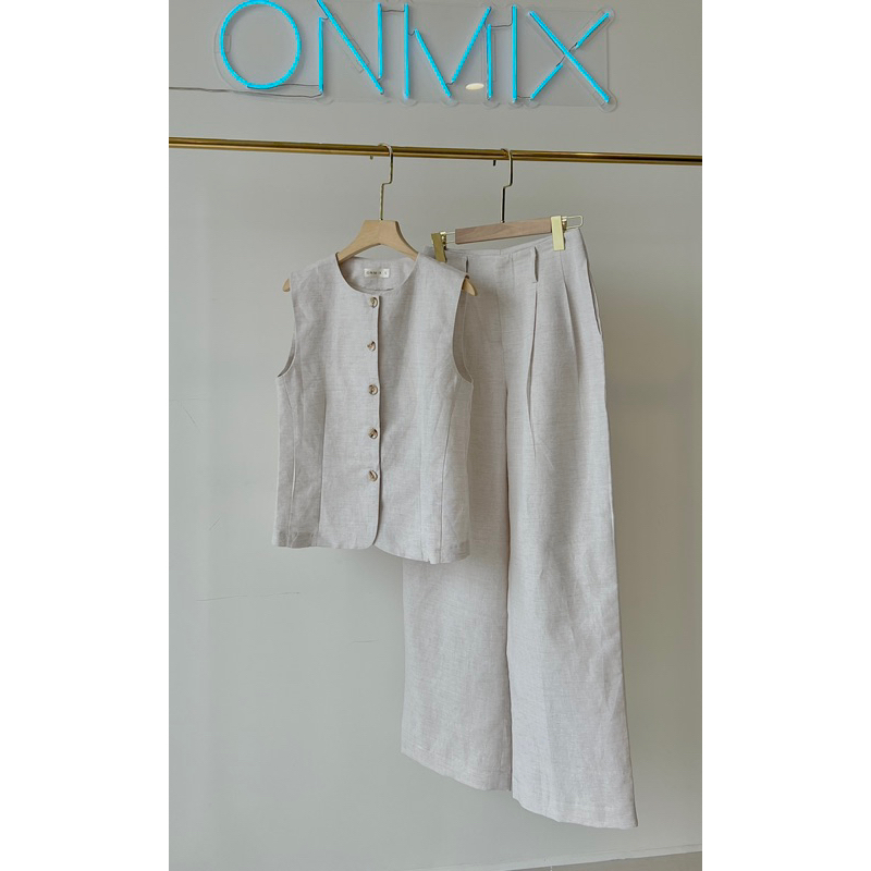 Set bộ hè ONMIX - Linen Set - Màu Trắng , Tiêu - Vải Linen Hàn Cao Cấp