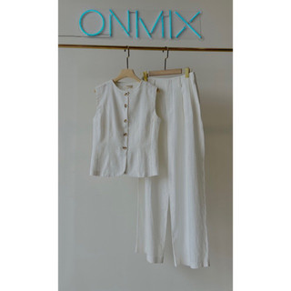 Set bộ hè onmix - linen set - màu trắng , tiêu - vải linen hàn cao cấp