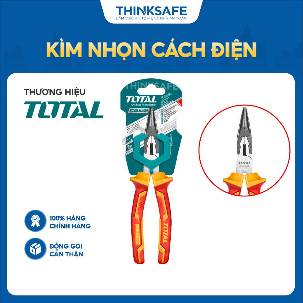 Kìm mũi nhọn mỏ dài cách điện 1000V Total THTIP2361 kích thước 6 inch 160mm đầu kềm mạ đen đánh bóng - Thinksafe