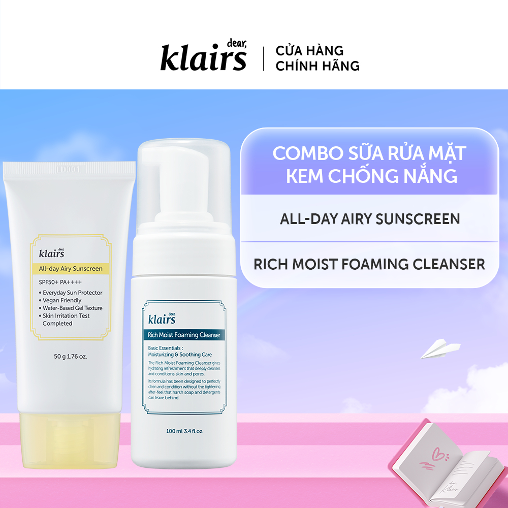 Combo Dear Klairs Rich Moist Foaming Cleanser 100ml+ar,ar,Klairs Kem chống nắng All-day Airy Sunscreen SPF50+ PA++++ 50g