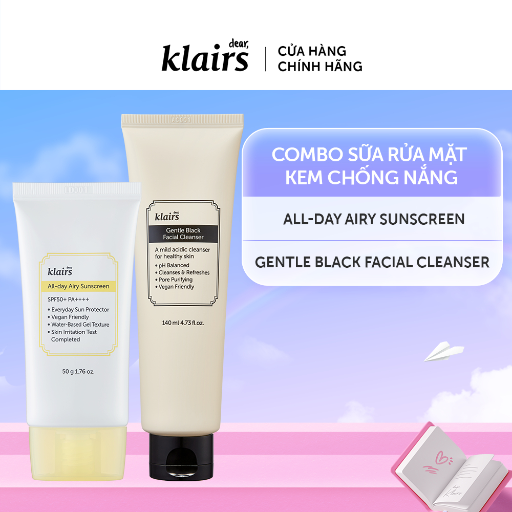 Combo Dear,Klairs Kem chống nắng All-day Airy Sunscreen SPF50+ PA++++ 50g+Dear Klairs Gentle Black Facial Cleanser 140ml