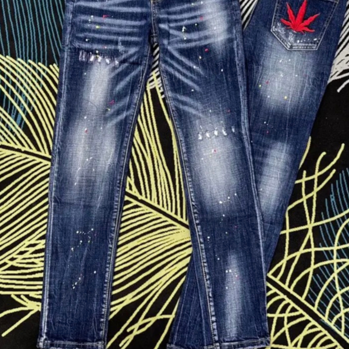 Quần bò jean nam  dài xanh vẩy sơn thêu LÁ PHONG MAY  MẮN đẹp,chất jean co giãn tốt hàng chuẩn giá rẻ