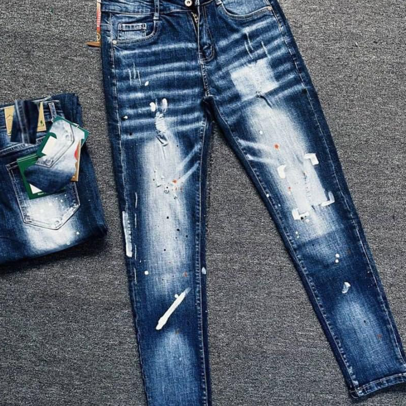 Quần bò jean nam  dài xanh vẩy sơn thêu LÁ PHONG MAY  MẮN đẹp,chất jean co giãn tốt hàng chuẩn giá rẻ