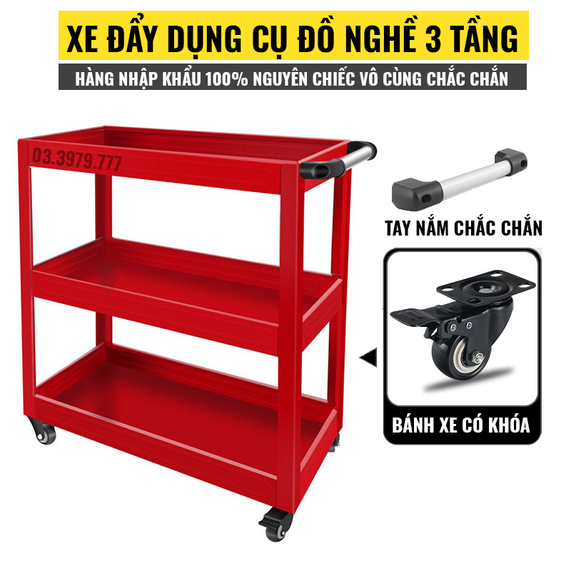 Xe đẩy dụng cụ 3 tầng có tay cầm và bánh xe