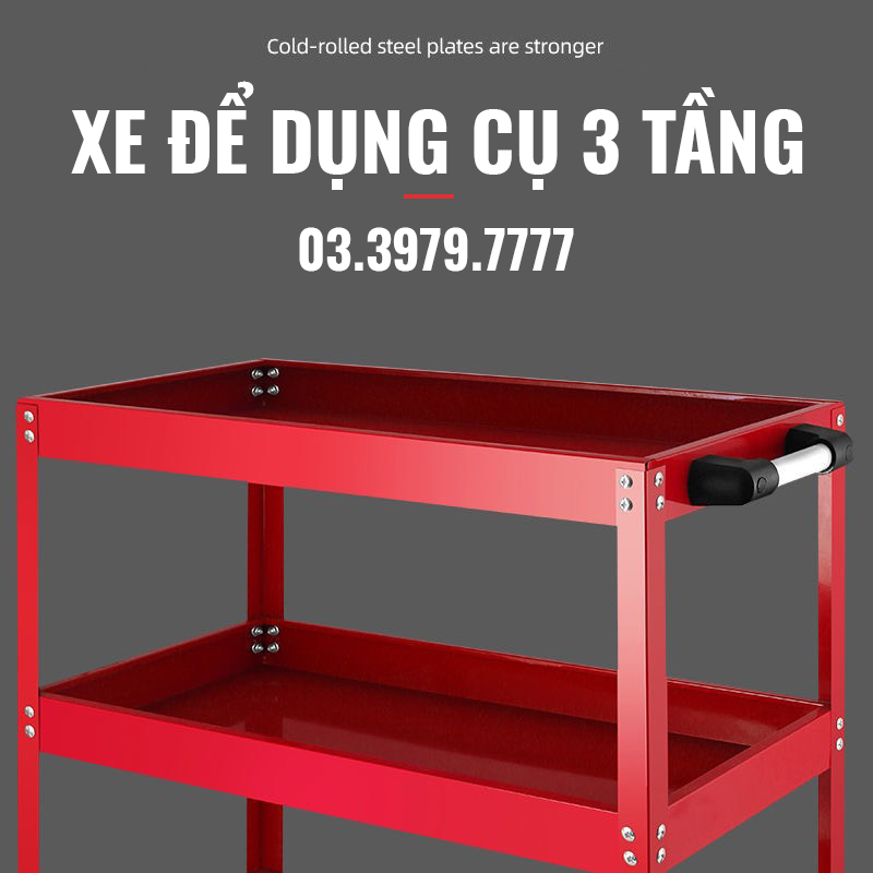 Xe đẩy dụng cụ 3 tầng có tay cầm và bánh xe