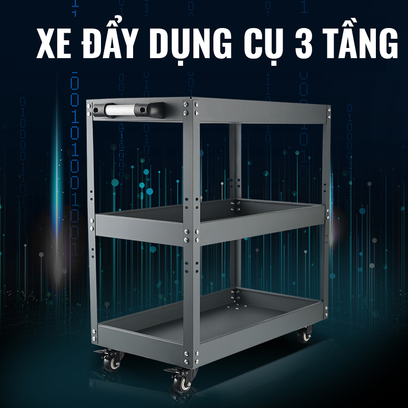 Xe đẩy dụng cụ 3 tầng có tay cầm và bánh xe