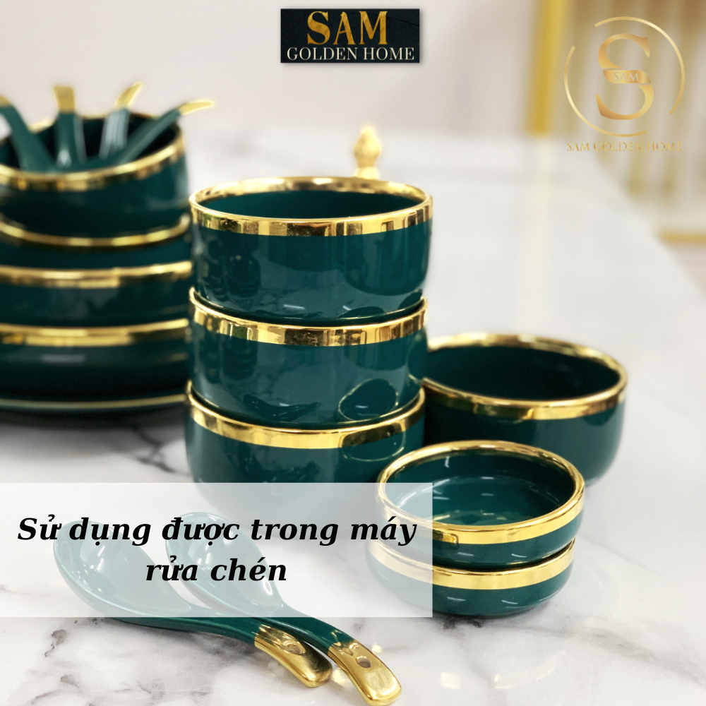 Set Tô Chén Đĩa Phụ Kiện Bàn Ăn Nortylis Gốm Sứ Cao Cấp Màu Xanh Emerald Viền Vàng Sang Trọng Phong Cách Hiện Đại Tây Âu