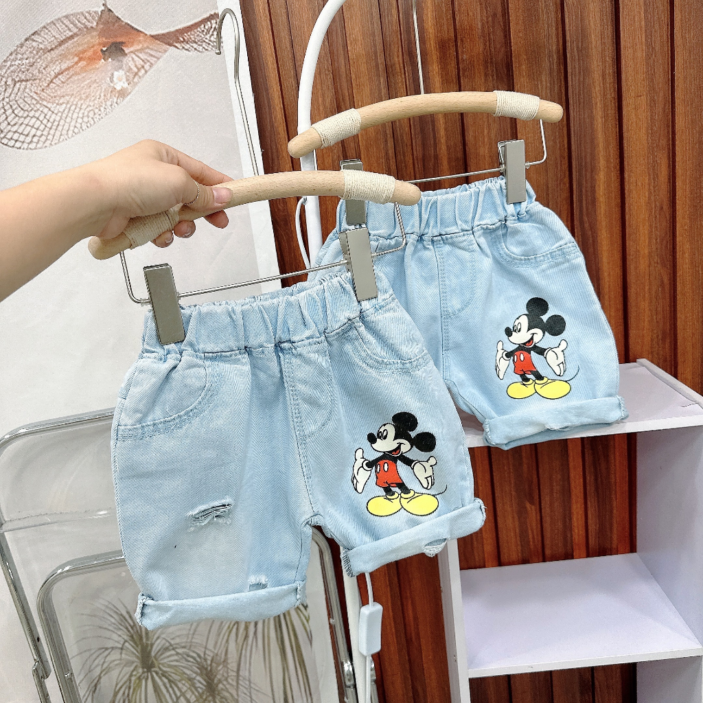 Quần ngố bò cho bé trai in hình Mickey, quần Jeans lửng trẻ em,TP KIDS