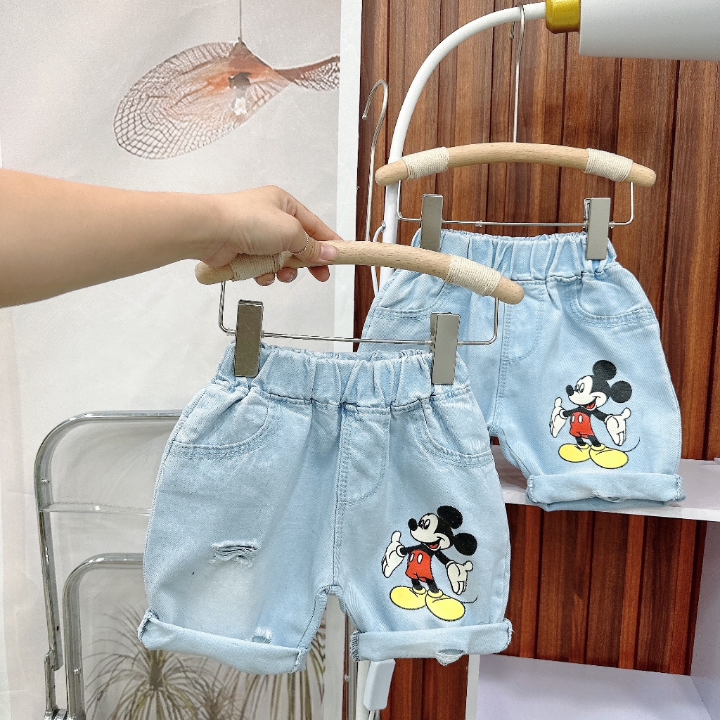 Quần ngố bò cho bé trai in hình Mickey, quần Jeans lửng trẻ em,TP KIDS