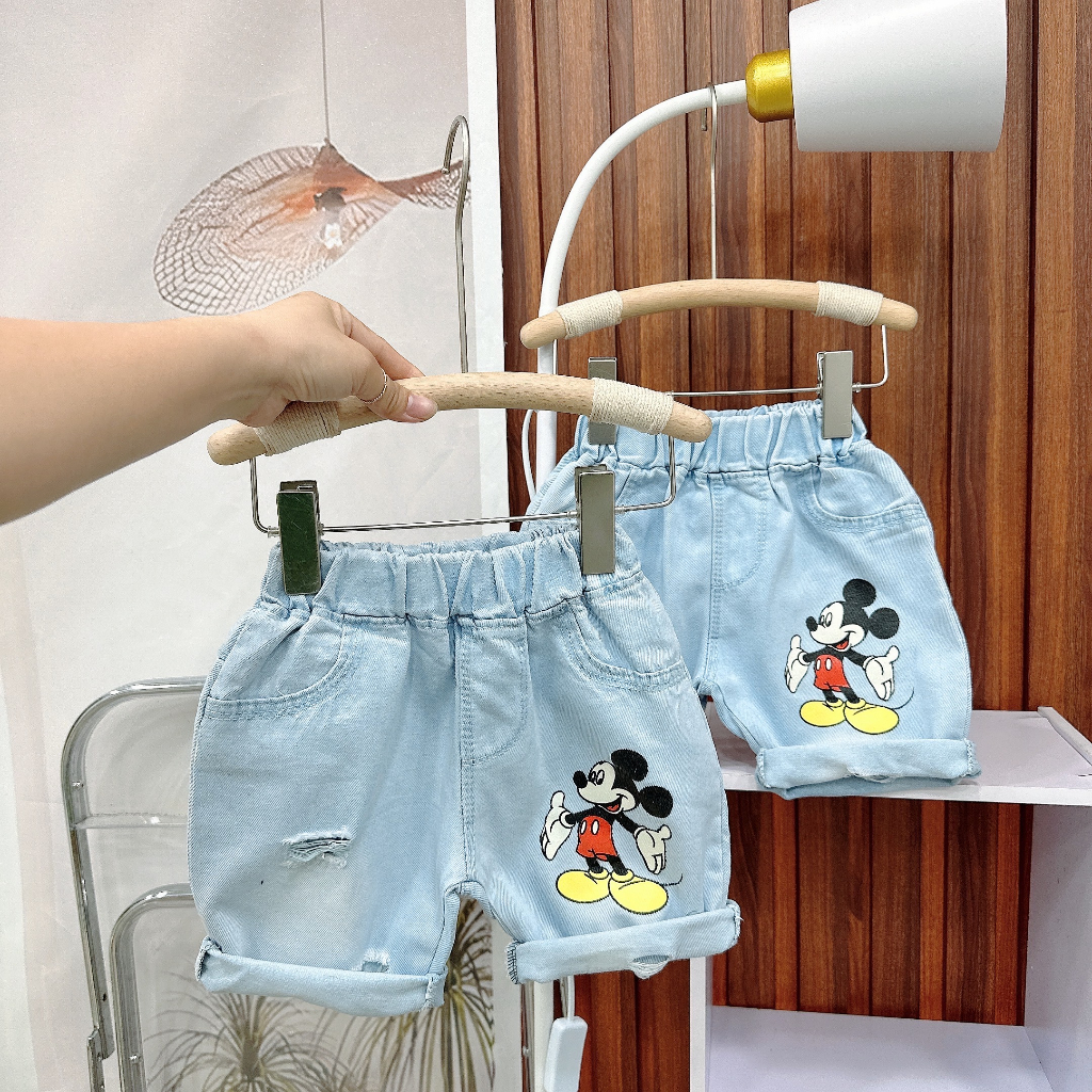 Quần ngố bò cho bé trai in hình Mickey, quần Jeans lửng trẻ em,TP KIDS