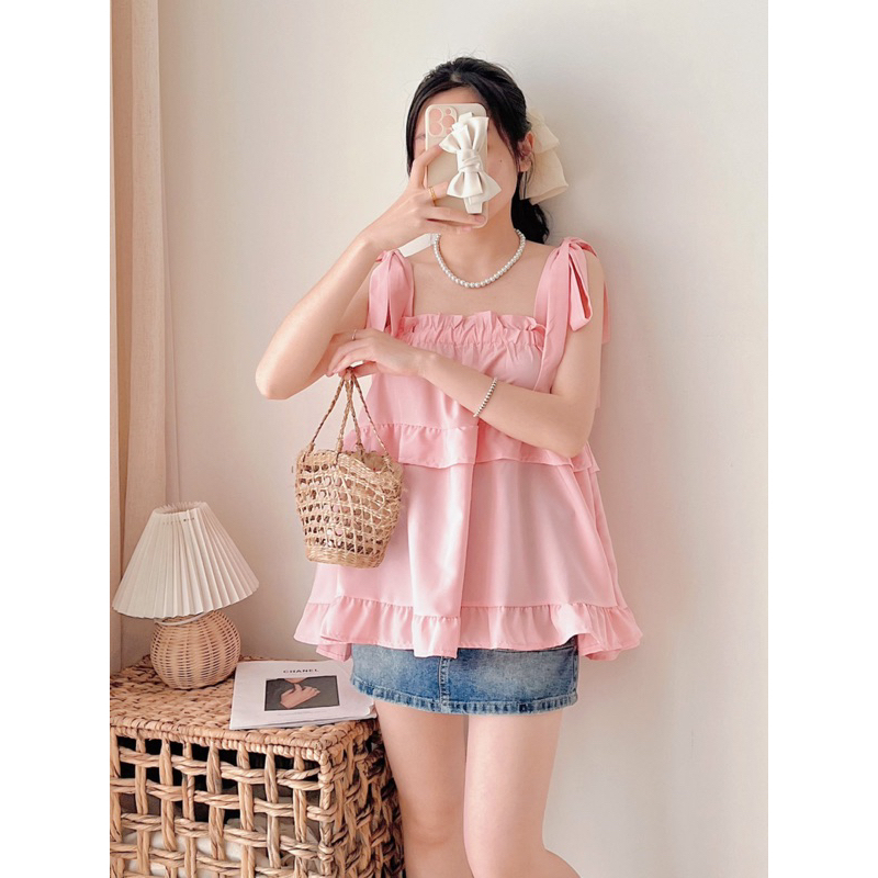 Áo 2 dây HMStyle, áo babydoll cột nơ vai phong cách tiểu thư công chúa chất đũi gân mùa hè nhiều màu - mã SA91