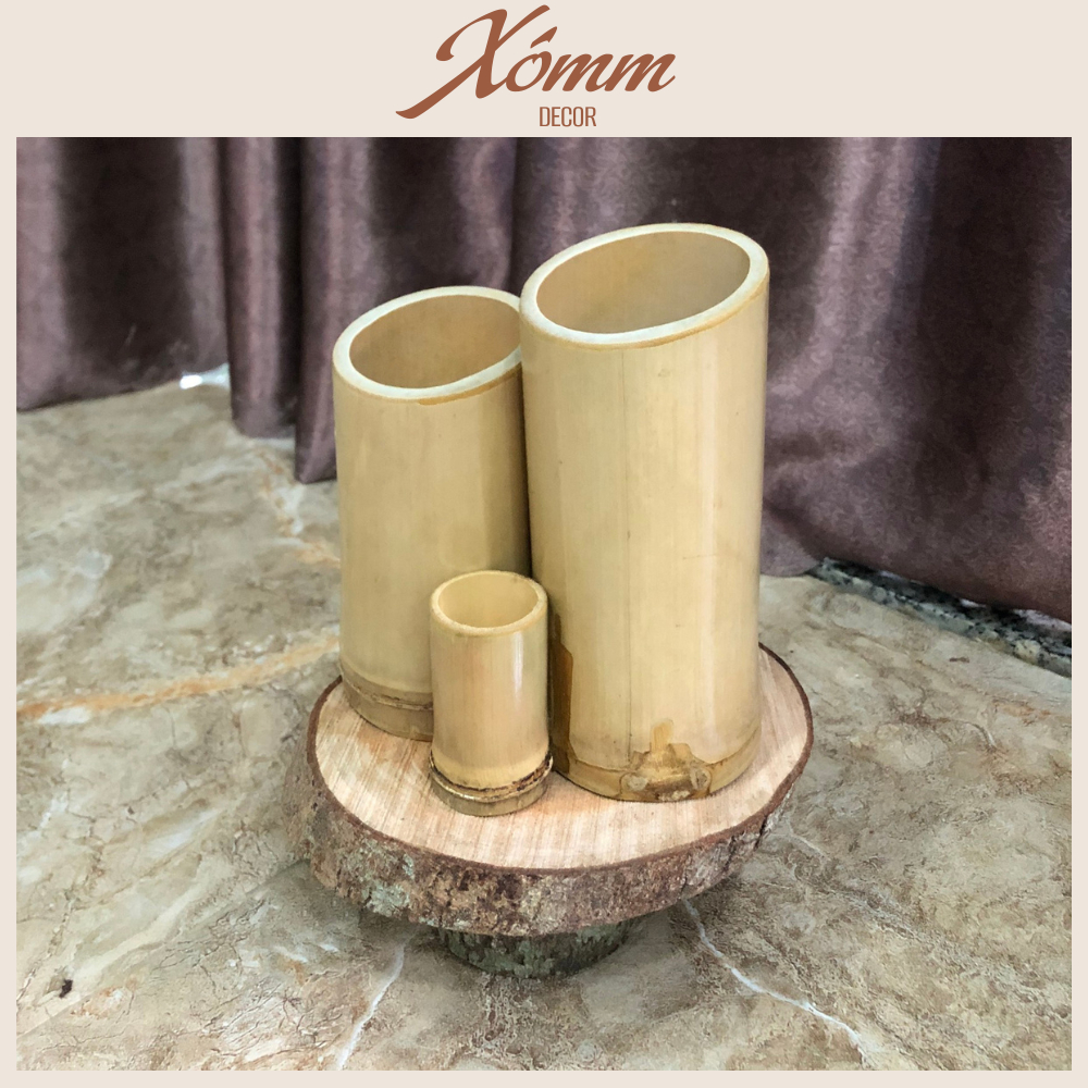 ống đũa tre mộc tự nhiên, bộ 3 ống, ống đựng muỗng đũa thìa bằng tre, decor phong cách vintage