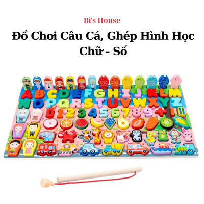 Đồ chơi câu cá gỗ đa năng 8 trong 1 kèm hình khối, số, chữ cái và phương tiện giao thông