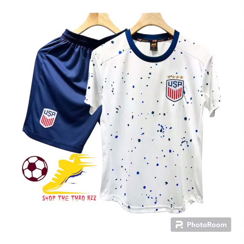 Bộ quần áo đá bóng, đồ đá banh nam nữ tuyển USA vải mè cao cấp co giản thoáng khí thấm hút mồ hôi không nhăn xù