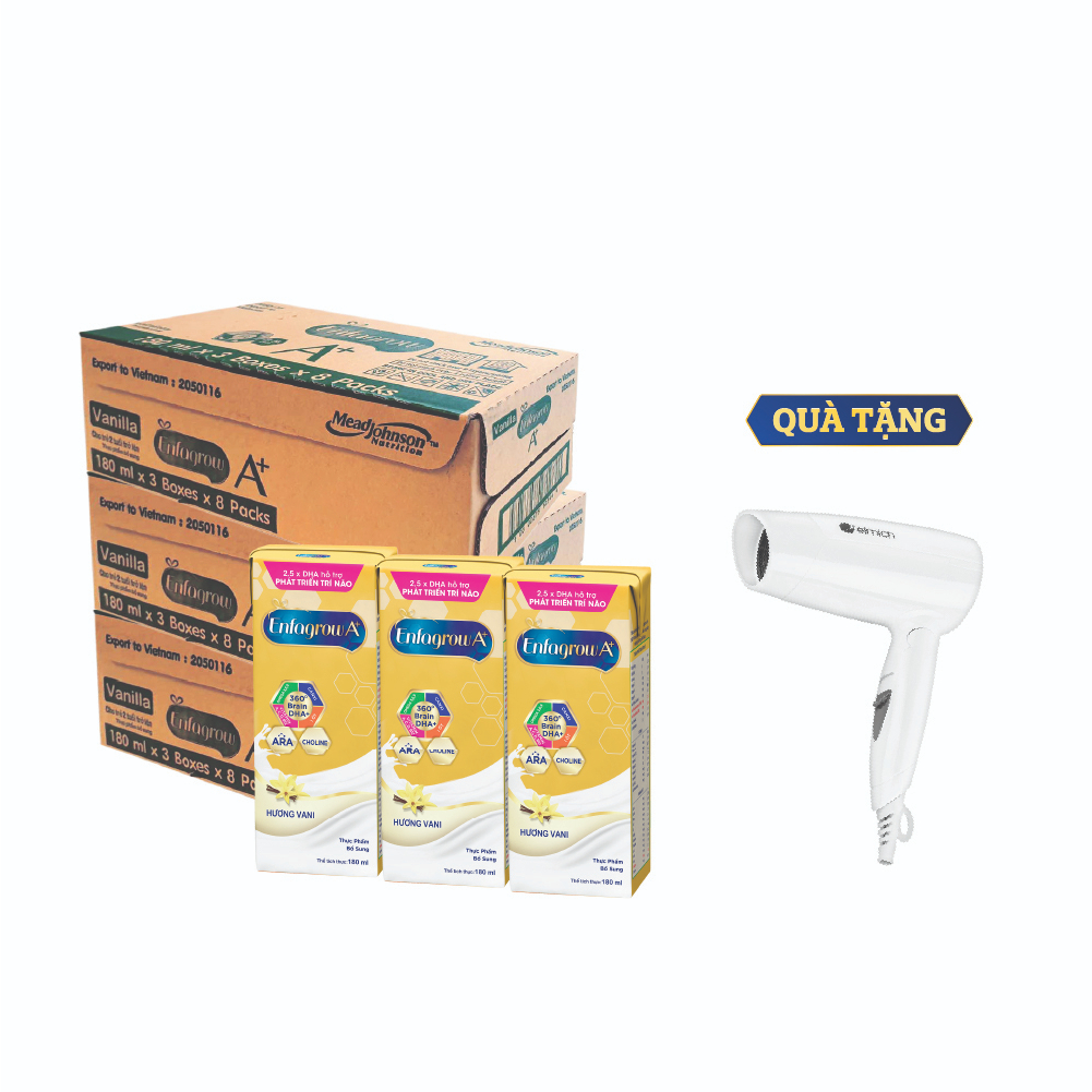 [Tặng máy sấy Elmich] Bộ 3 thùng 24 hộp Sữa bột pha sẵn Enfagrow A+ 360° Brain DHA+ - Hương vị Vanilla -Hộp 180ml