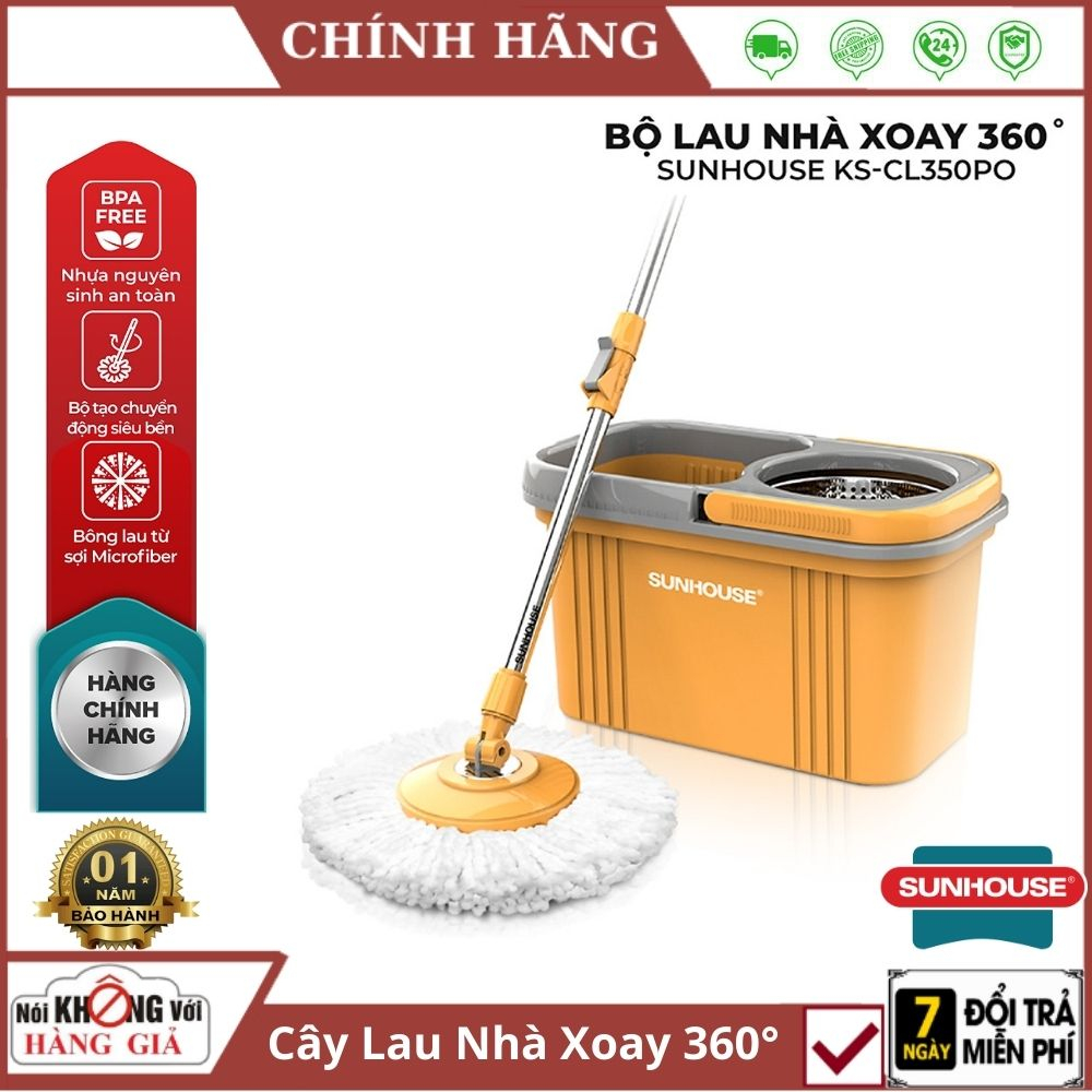 Bộ cây lau nhà xoay 360 độ SUNHOUSE KS-CL350PO màu cam inox - Bảo hành chính hãng 12 tháng