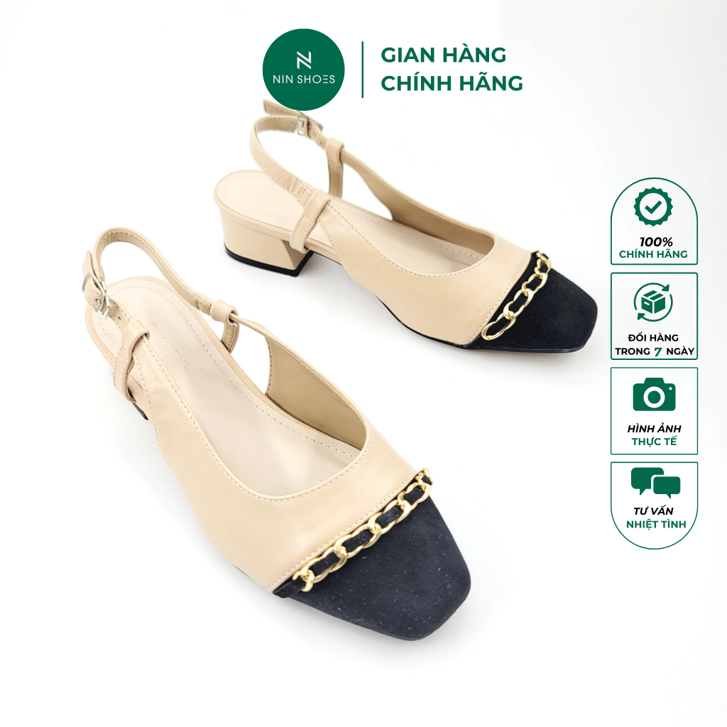Giày cao gót Ninshoes đế vuông Sục nữ mũi đính xích vàng dáng slingback tiện lợi